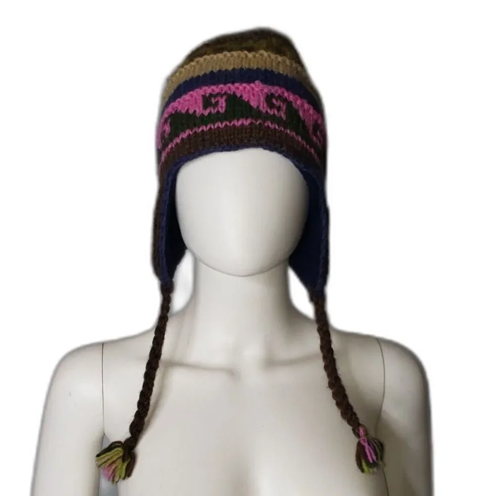 Multicolor Wool Winter Trapper Hat with Braided Tassles Unisex Made In Nepal